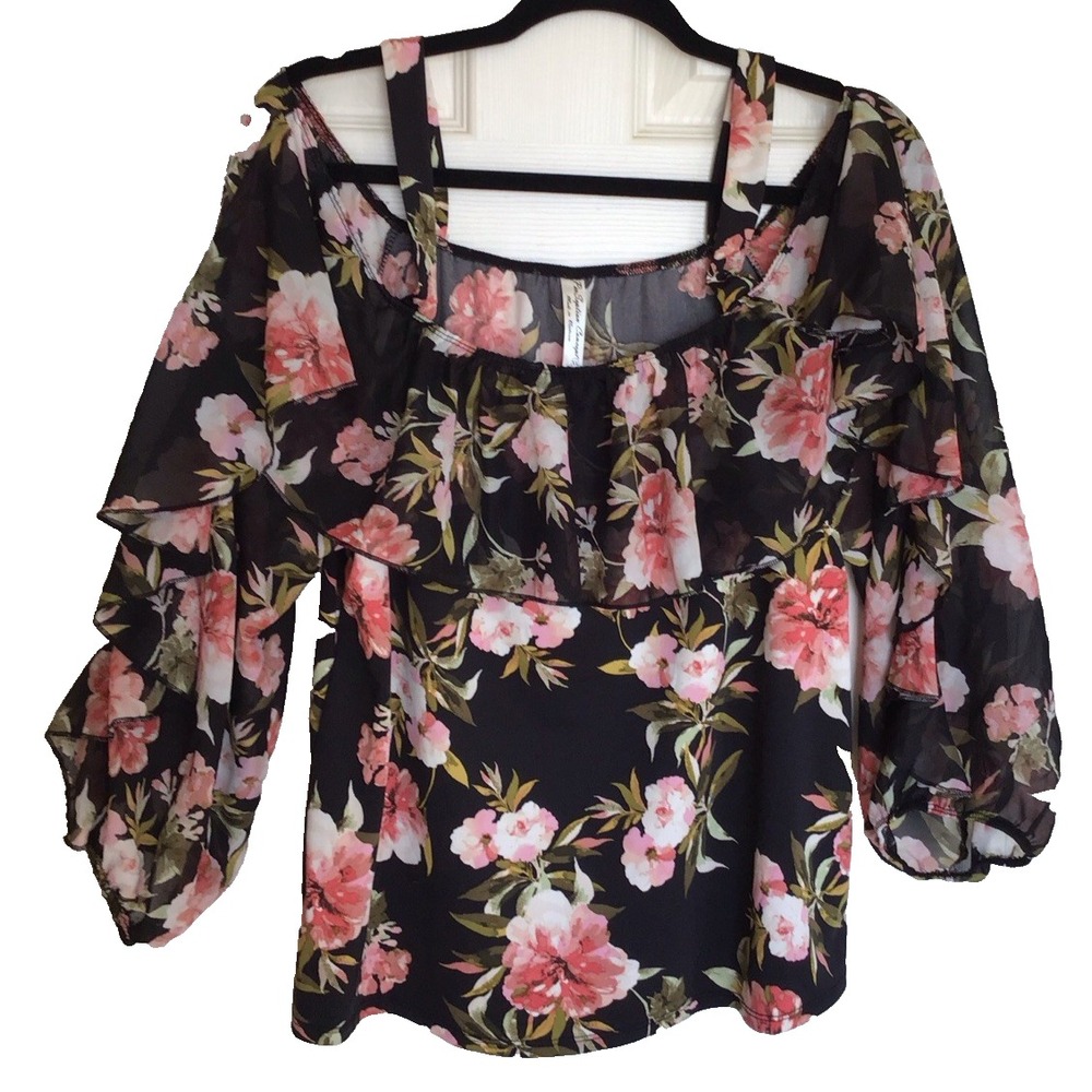 PerSeption Concept Black Floral Cold Shoulder Top Keyhole White Yellow Size XL
